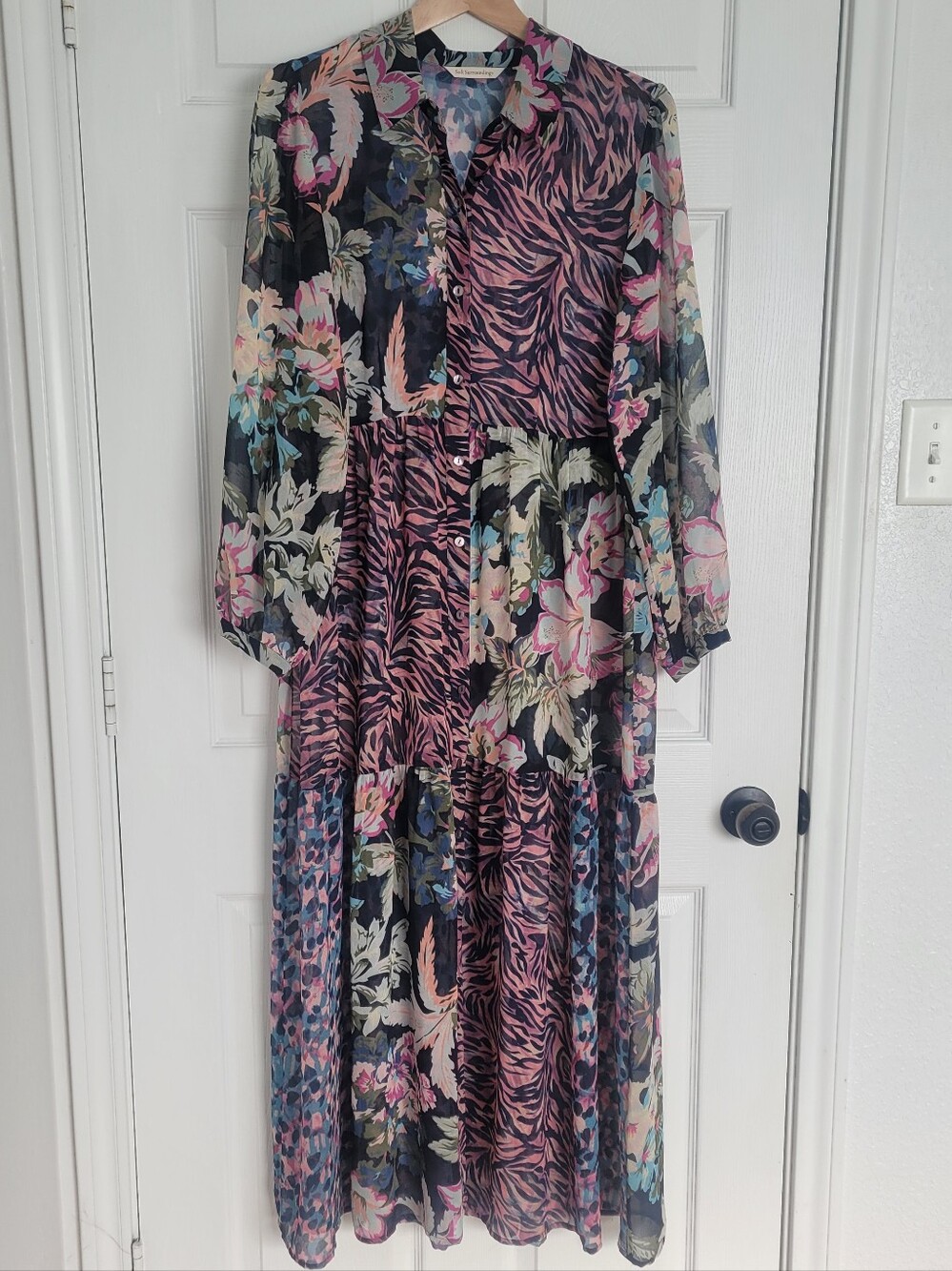 Soft Surroundings Multi-Print Sheer Maxi Dress in Pink and Black *NO LINER*
